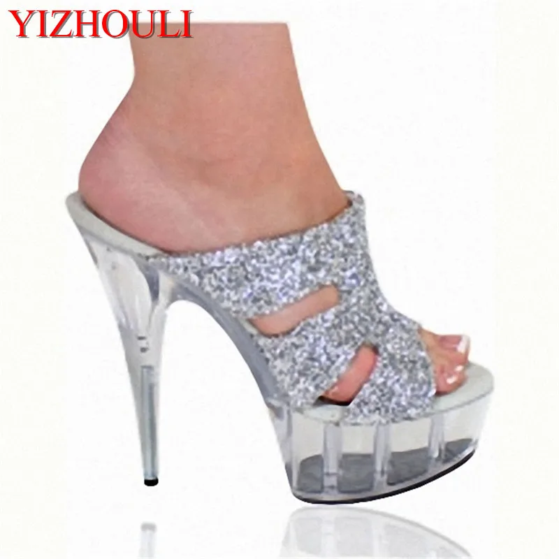 

Female stage party high heels 15 cm sandals, sequined material transparent sole party show slippers