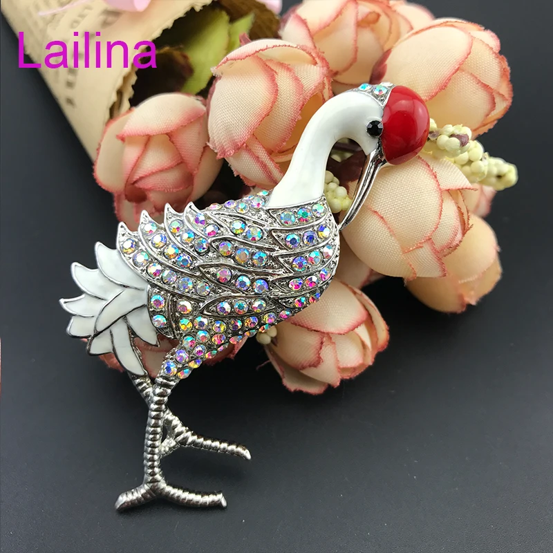 

30pcs / lot 90mm red-crowned crane brooch Pin AB crystal rhinestone Grus japonensis bird Brooch