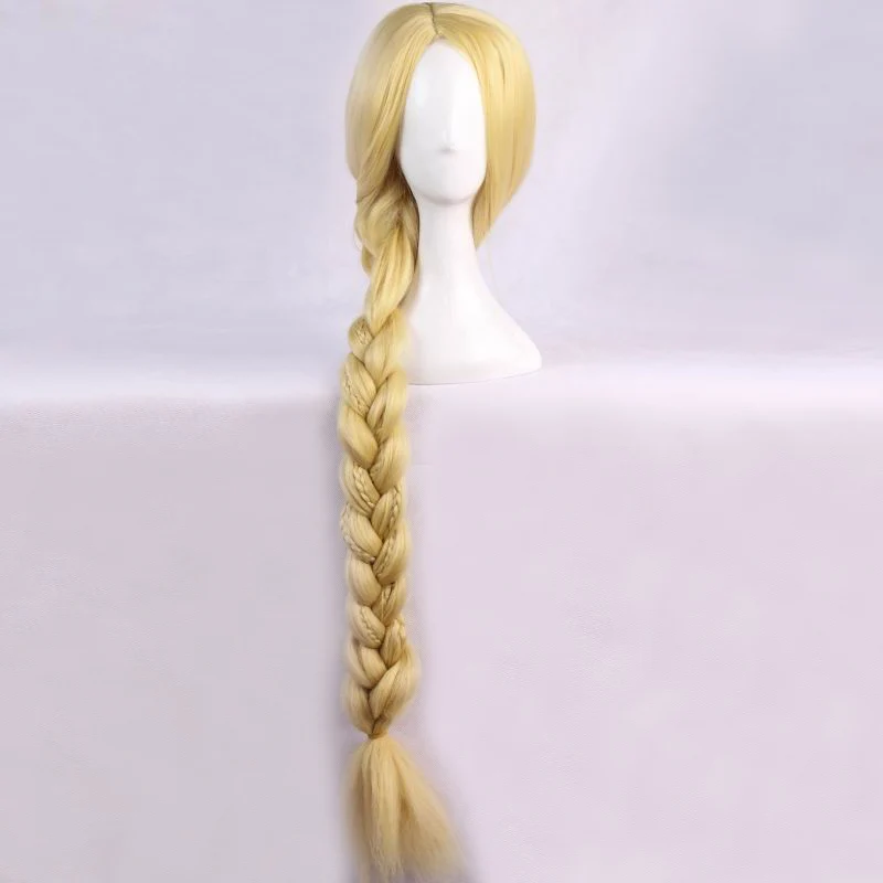 Peluca de disfraz de Cosplay de pelo resistente al calor de princesa Rapunzel enredada con estilo trenzado Rubio súper largo de 120cm + gorro de peluca gratis