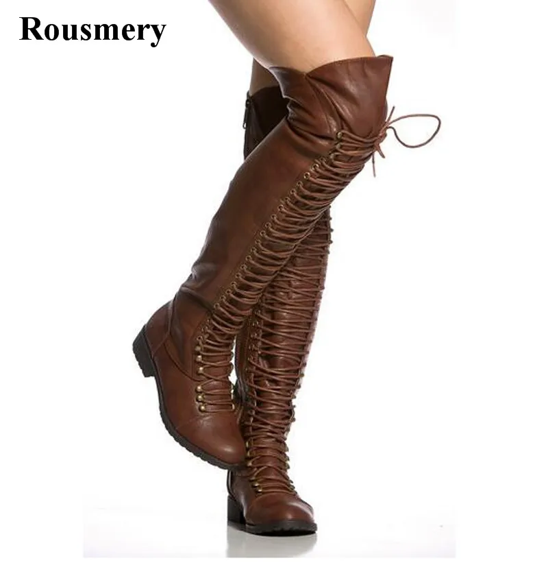 

Women Winter New Fashion Lace-up Leather Over Knee Flat Boots Brown Black Zipper-up Long Knight Boots High Quality Warm Boots