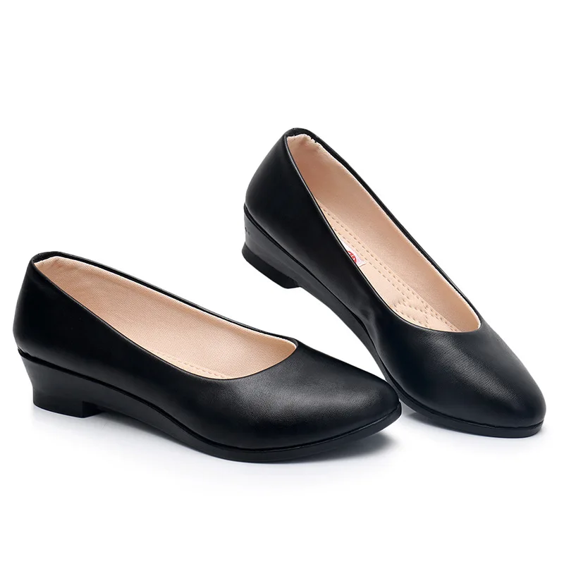 New Ladies Black Pumps Formal Low Heel Wedges Shoes Comfort Women Office Shoes Leather Pumps Work Office Mom Shoes Womens Pumps