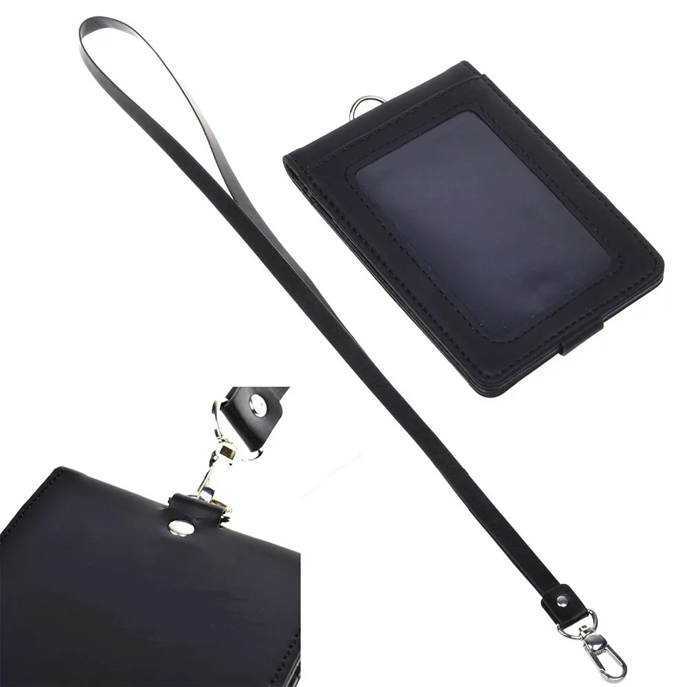 Black Color Folding PU Leather Vertical ID Card Holder with 2 ID Window and 3 Card Slots, with PU Neck Strap Band Lanyard