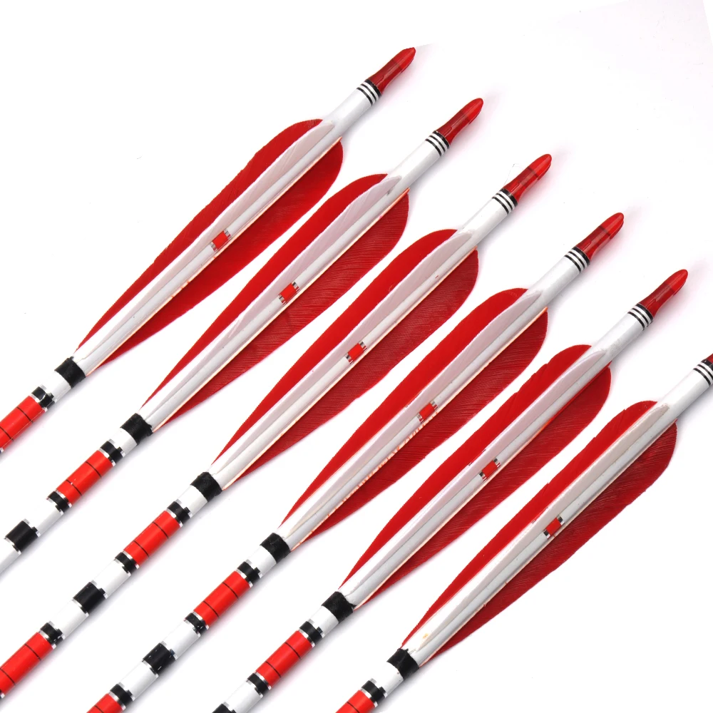 80cm Spine 500 Carbon Arrows OD7.6mm ID6.2mm with 2 Red and 1 White Turkey Feather for Hunting Shooting Archery