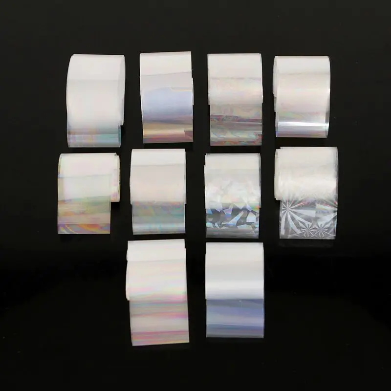 10 Stück Holographisches Nagelfolien-Set 2,5x100cm Gradient Transparent AB Farbtransfer-Aufkleber für Maniküre Nagelkunst-Dekorationen – Detail 1