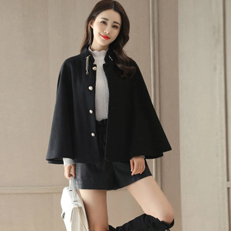 YASUGUOJI Fashion Black Wool Chains Cloak Coats for Women Thick Warm Plus Velvet Winter Womens Coats Single Breasted Overcoat