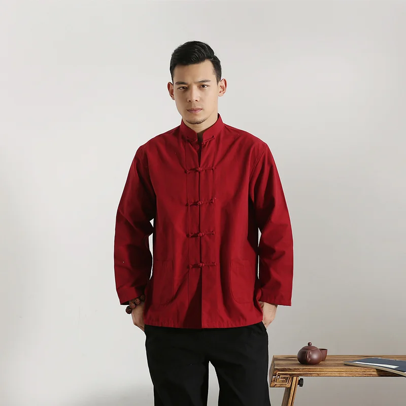 Long Sleeve Cotton Traditional Chinese Clothes Tang Suit Top Men Kung Fu Tai Chi Uniform Shirt Blouse Hanfu male pure costume