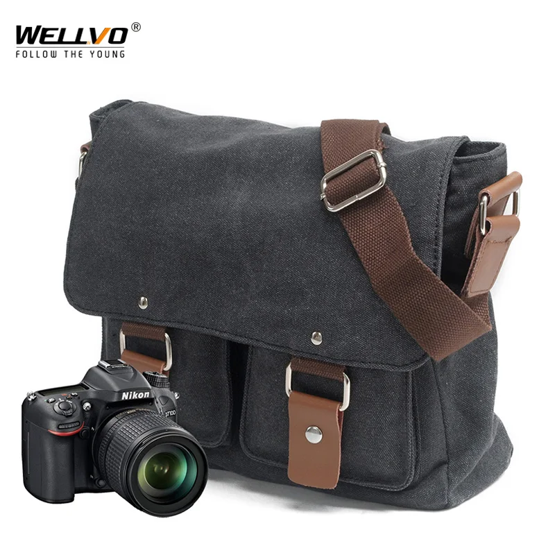 

Wellvo Professional DSLR Camera Bag Canvas Photography Travel Messenger Flap Classic Shoulder Sling Bags Vintage Satchel XA255ZC