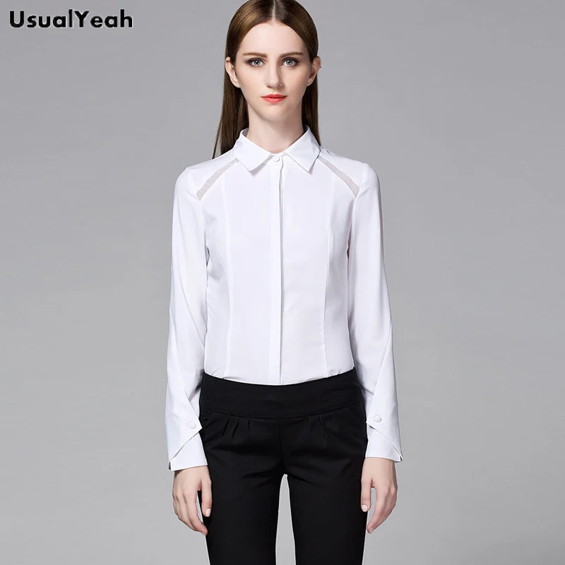 UsualYeah New 2018 Women Fashion Body Shirts Solid White Patchwork Lace Long sleeve Turn-down Collar Blouse blusas S-XXL SY0331