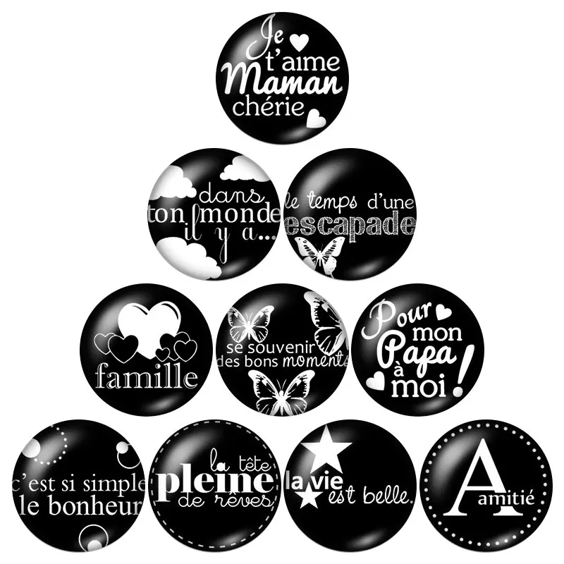 

New Je t'aime mama papa love 10pcs mixed 12mm/16mm/18mm/25mm Round photo glass cabochon demo flat back Making findings ZB0653