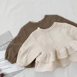 Blusa de lino con volantes para niños, ropa de marca de estilo japonés y coreano, para primavera y otoño, novedad de 2021