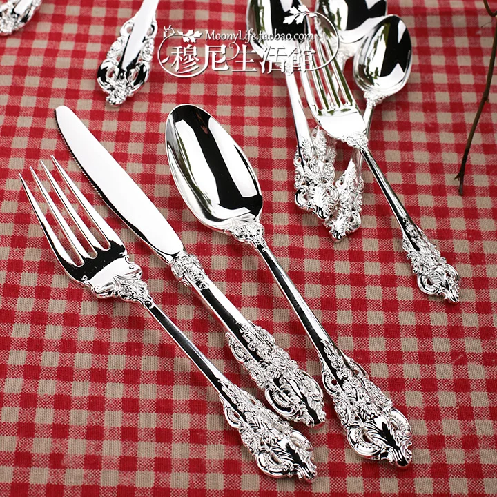 Royal package silver carved relief fork and spoon German noble gorgeous retro alloy steak cutlery set