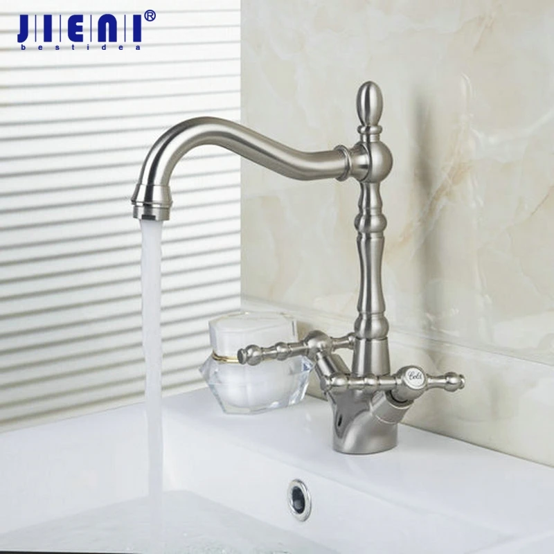 JIENI Chrome Brass Kitchen Swivel Spout Dual Handles Sink Brushed Nickel Deck Mount Single Hole Faucet Mixer Tap