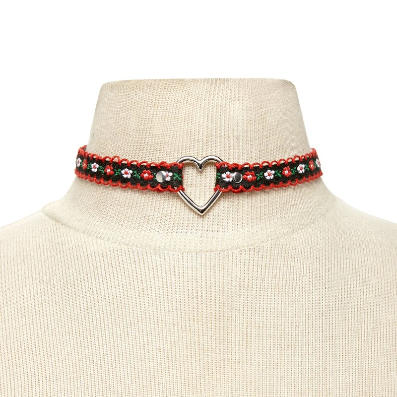 Newest Fashion Jewelry Accessories Red Cloth With Silver-plate Heart Shape Choker Necklace For Couple Lovers' N370