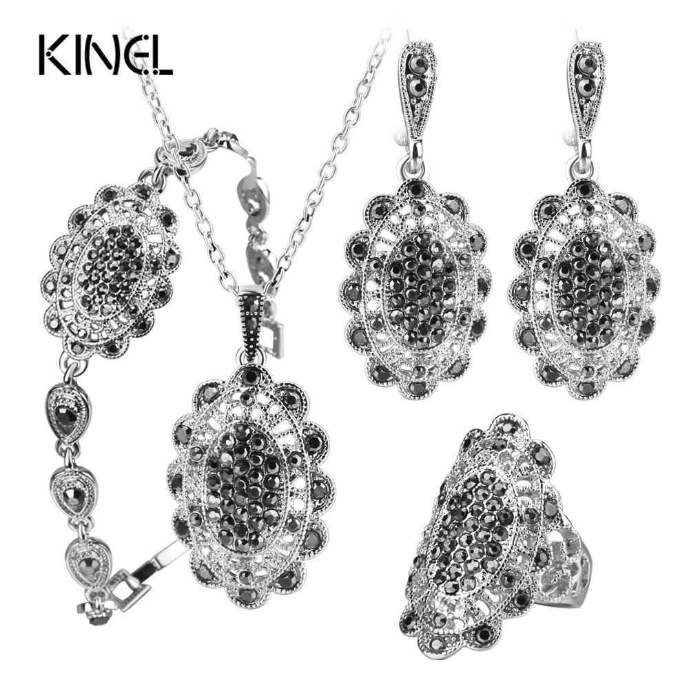 Kinel 4Pcs/Lot Gray Crystal Fashion Jewelry Sets For Women Silver Color Hollow Petals Vintage Wedding Jewelry Set