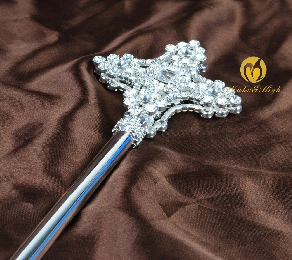 King Queen Unisex Cross Scepter Wand Clear Crystal 20 inch Silver Sceptre Double Side Wedding Pageant Party Costumes Prom