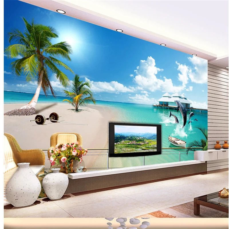 

beibehang 3D beach palm Aegean large mural in the lobby living room sofa TV background wallpaper Mediterranean papel de parede