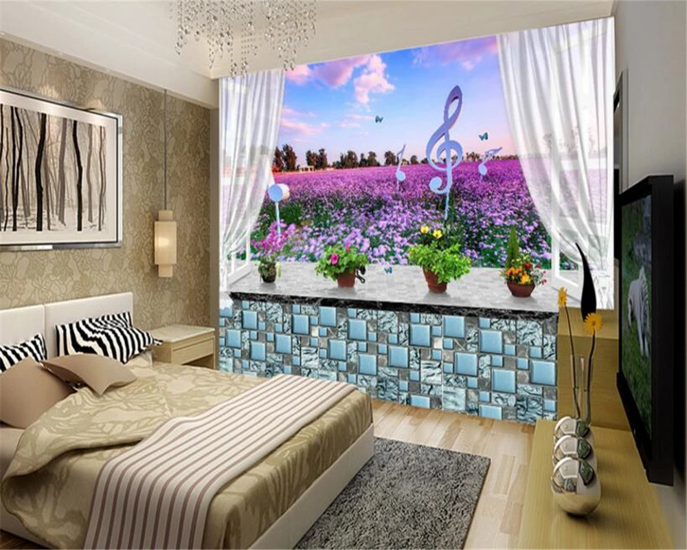 beibehang HD wallpaper for walls 3 d windowsill Lavender flowers 3D mural wall background Modern fashion personality wallpaper