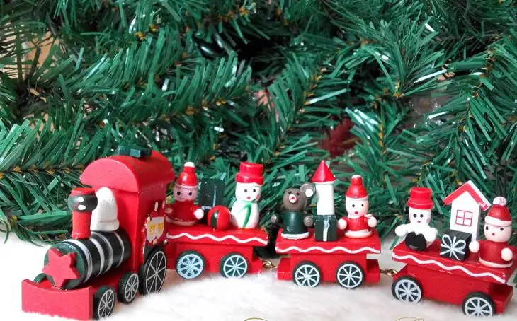 

Vintage Wood Train Christmas Ornaments Santa Claus Dolls Decoration Mini 4 Trains birthday party wedding decor favor gift red