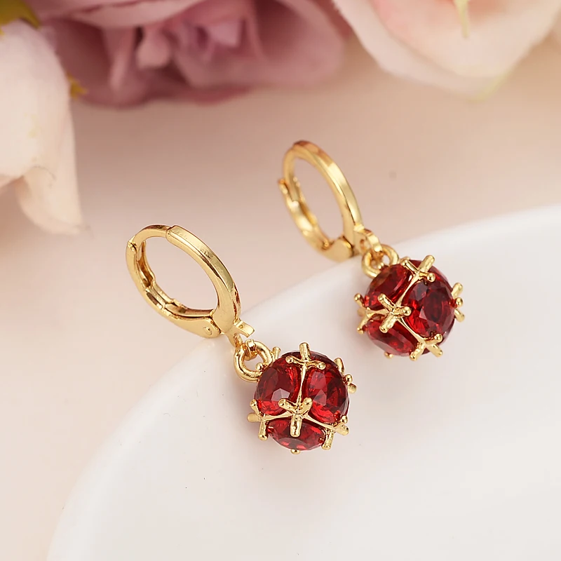 

Gold Charms Vintage Jewellery Lovely Ball Beads Red Crystal Stones Earrings for African Dubai Women Girls Kids Christmas Gifts