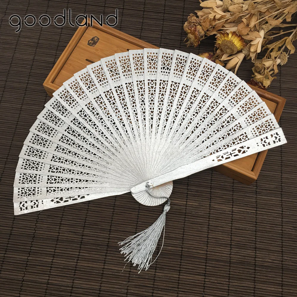 Wholesale 50pcs/lot with Organza Gift bag Aromatic Wood Folding Carved Hand Fan Craft Supplies Kraft Abanicos Para Boda Mariage