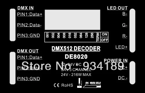 Free Shipping DMX controller, 3 Channels DMX driver  Input DC12-24V  Constant Voltage Single CH Output PWM <3A  Model:DE8020