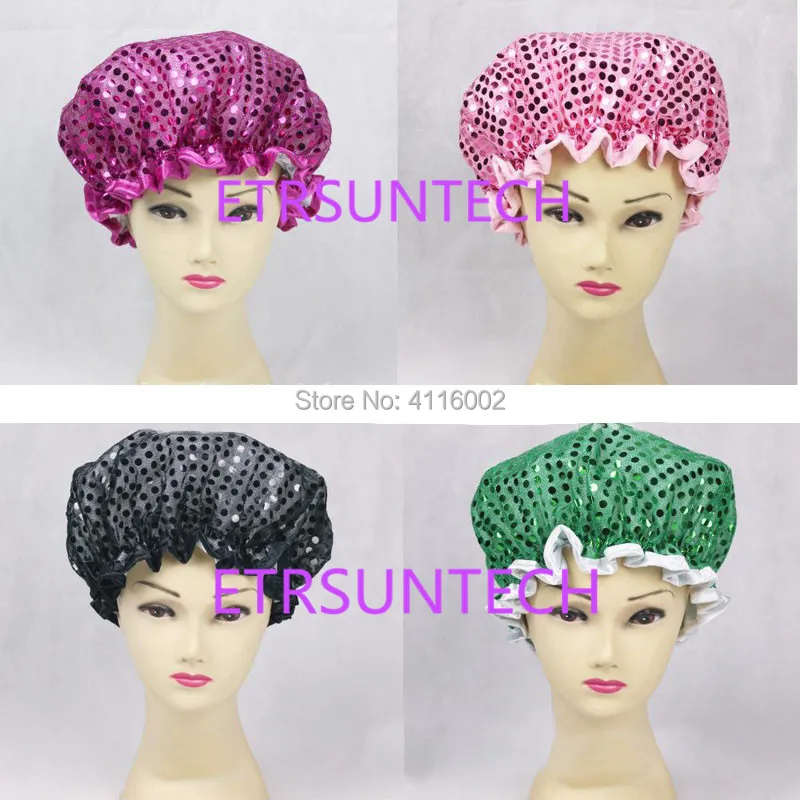 100pcs Fashion Women Waterproof Shower Cap Layers Blingbling Sequins Bathing Hair Hat Beanies Party Costume Cosplay