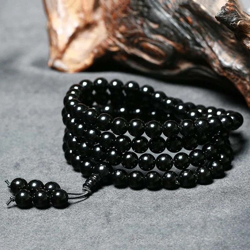 Natural Stone Bracelet Black Mens Obsidian Bracelets 108 Beads Buddha Rosary Buddhist  Stretch Bracelets 6mm 8mm Jewelry Women