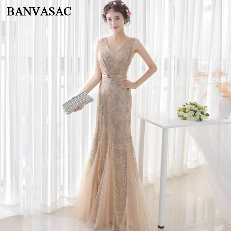 BANVASAC 2018 V Neck Goldsequined Lang Mermaid Abendkleider Vintage Spitze Party Bogen Schärpe Tüll Prom Kleider