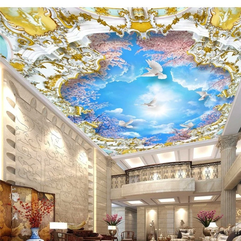 

beibehang Custom Wallpaper 3d Photo Mural HD Sky White Cloud Cherry Tree Living room and bedroom Zenith ceiling papel de parede