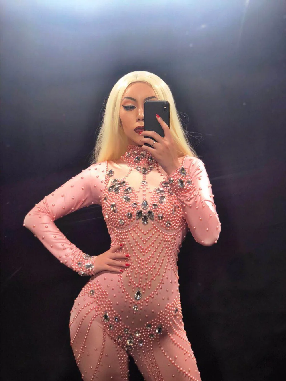 Cristalli dorati scintillanti Perle rosa Tuta Pietre Body elasticizzato Compleanno da donna Festeggia leggings sexy per spettacoli teatrali