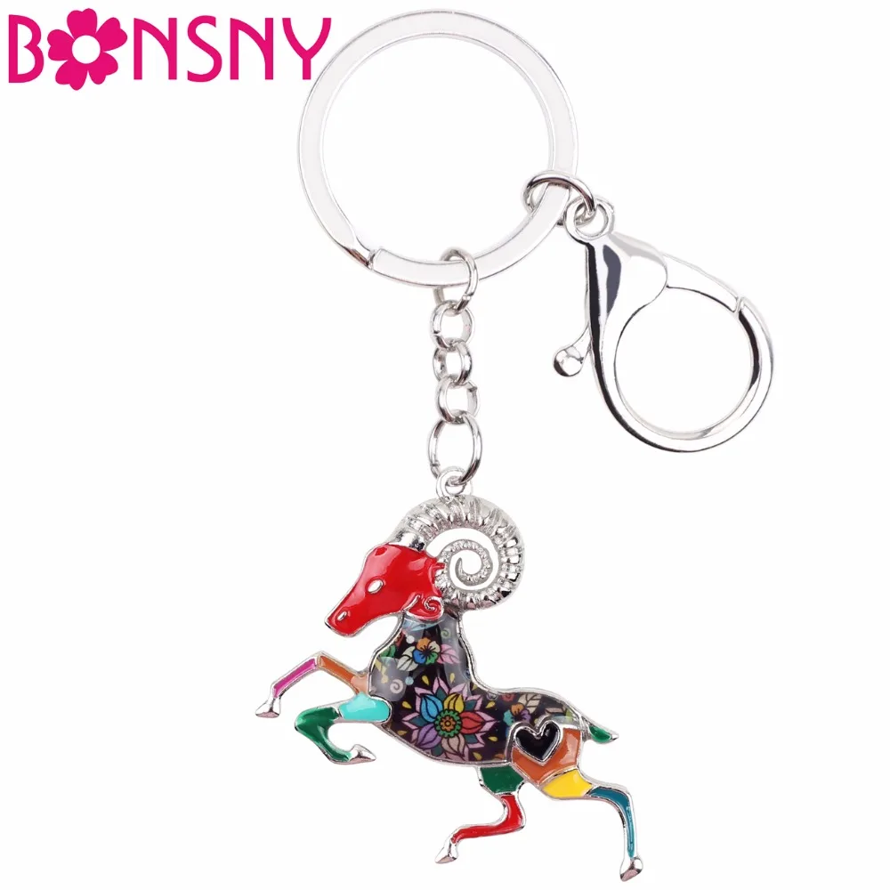 Bonsny Enamel Star Lucky Zodiac Aries Goat Key Chain Women Keyrings Gift HandBag Charms Keychain Car key Purse Halcyone Jewelry