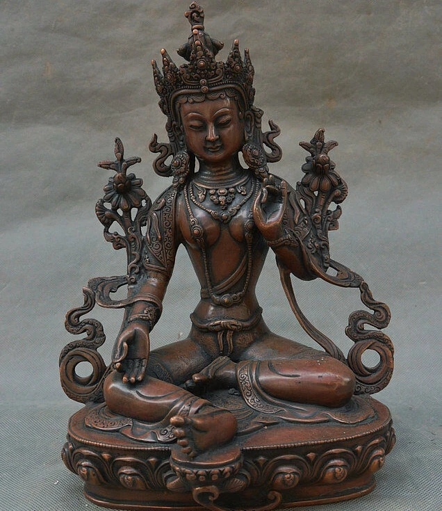 Collect Tibet Buddhism Temple Bronze Green Tara Guanyin Buddha Goddess Statue