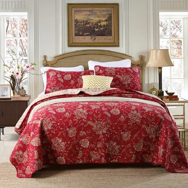 CHAUSUB Cotton Quilt Set 3-Piece Bedspread on the Bed with Shams Red Printed Coverlet King Queen Size Summer Blanket for Bed