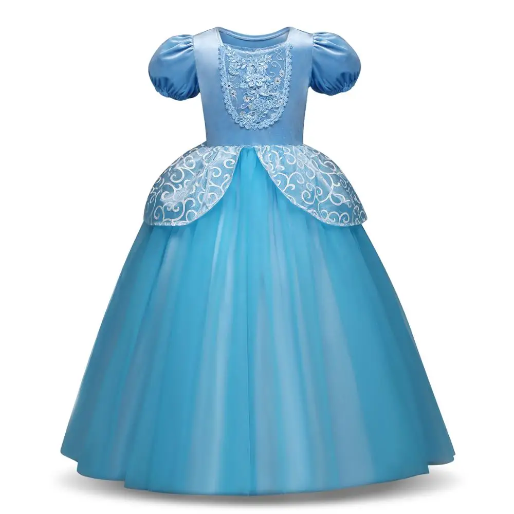 Girls Cinderella Dress up Cosplay Costumes Kids Puff Sleeve Embroidery Blue Clothes Child Christmas Birthday Princess Dresses