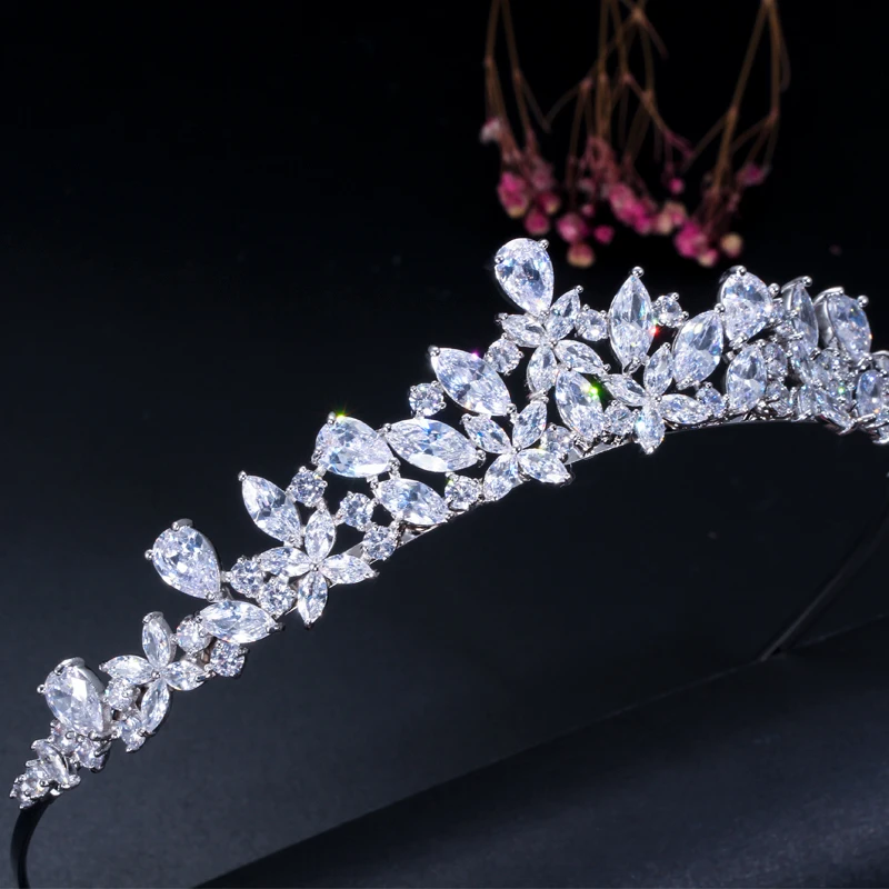 CWWZircons High Quality Cubic Zirconia Romantic Bridal Flower Tiara Crown Wedding Bridesmaid Hair Accessories Jewelry A008