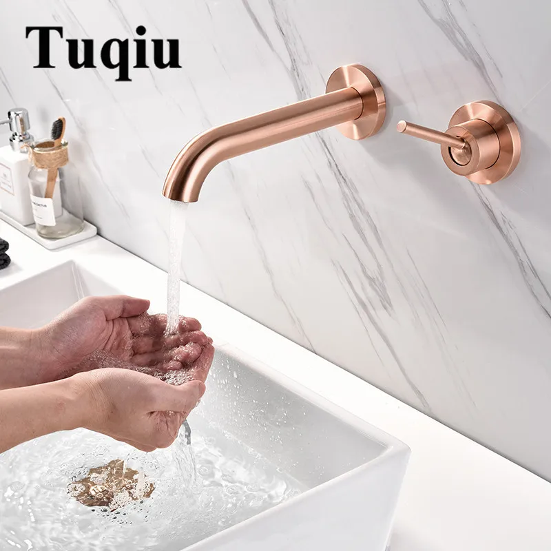 

Basin Faucet Wall Mounted Rose Gold Matte In-Wall Bathroom Basin Sink Faucet 2 Holes Hot & Cold Single Handle mixer Tap Tornaira