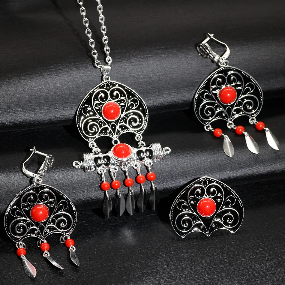 SUNSPICE MS Turks Silver Color Earring Necklace Ring Sets 3pcs For Women Gothic Banquet Jewelry Indian Bridal Bijoux 2019