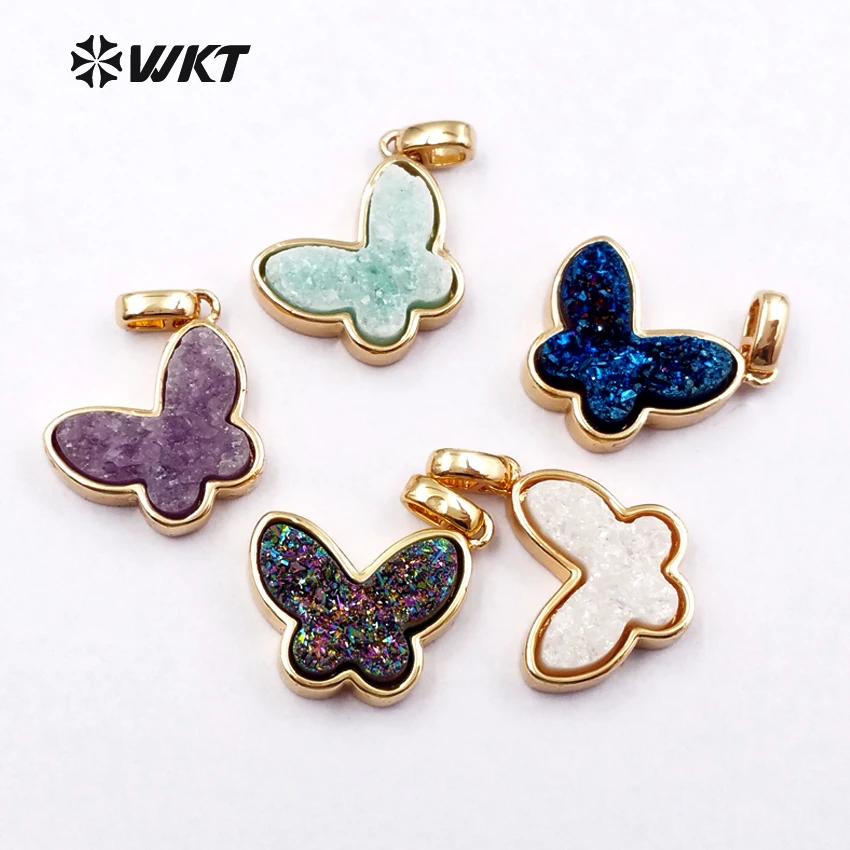 WT-P1325 Beautiful Mini Butterfly Necklaces Pendants Color Natural Druzy Jewelry for Female Fashion Eletroplated Pendant