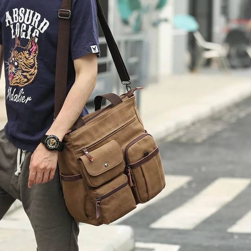 Bolsa transversal impermeável masculina, bolsa grande de lona para homens multi-funcional de lona casual laptop negócios retro bolsa mensageiro