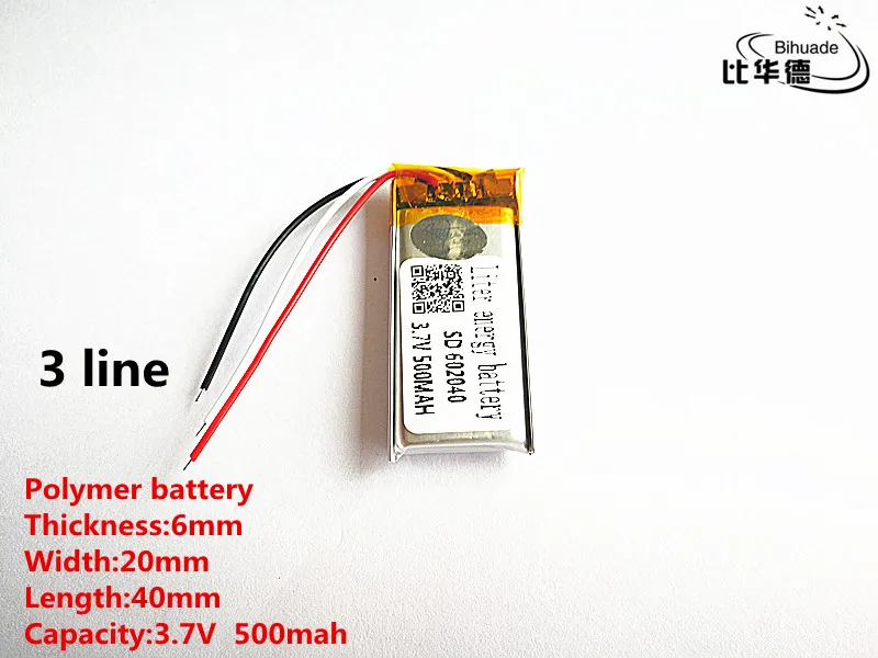 5pcs/lot 3 line Good Qulity 3.7V,500mAH,602040 Polymer lithium ion / Li-ion battery for TOY,POWER BANK,GPS,mp3,mp4