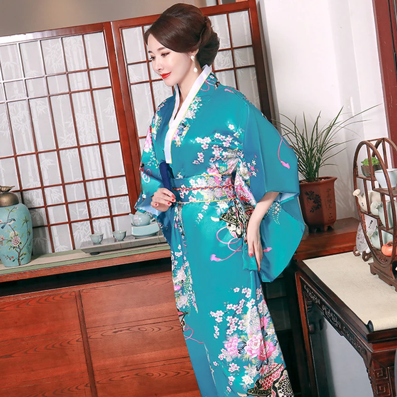 Trang Phục Hóa Trang Nữ Kimono Phong Cách Kiểu Nhật Yukata Với Obi Trang Phục Dạ Hội Hoa Xanh Quyến Rũ Áo Đầm Xếp Ly Áo Choàng Tắm