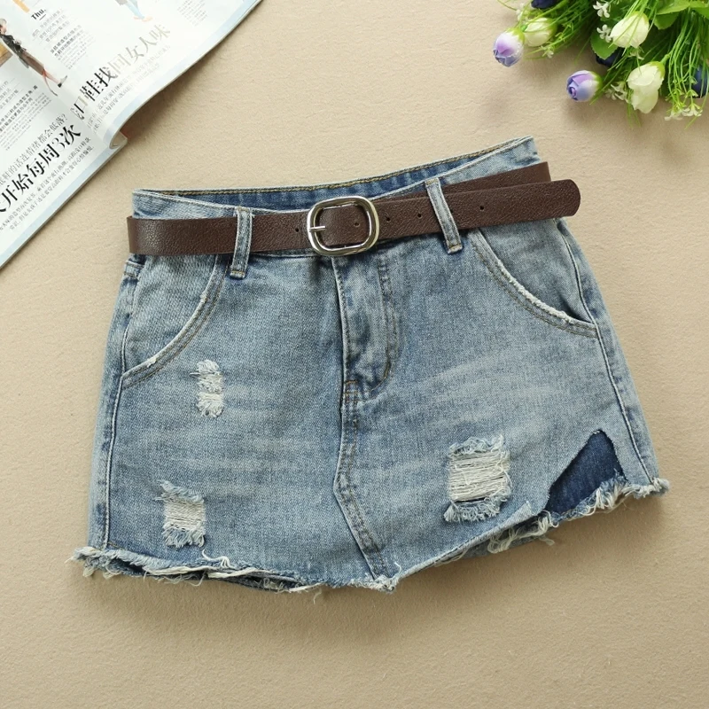 Mini Skirts Sexy Woman 2022 Summer Women Mid Waist Y2K Denim Shorts Skirts Casual Ripped Hole jean Skirts For Ladies With Belt