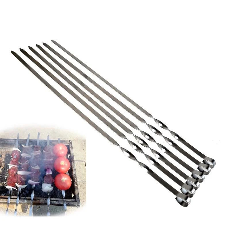 6pcs Stainless steel Shish Kabob Sticks BBQ Accessories Long BBQ Barbecue Skewers Barbeque Grill Set Wide BBQ Skewer 45/50/55cm