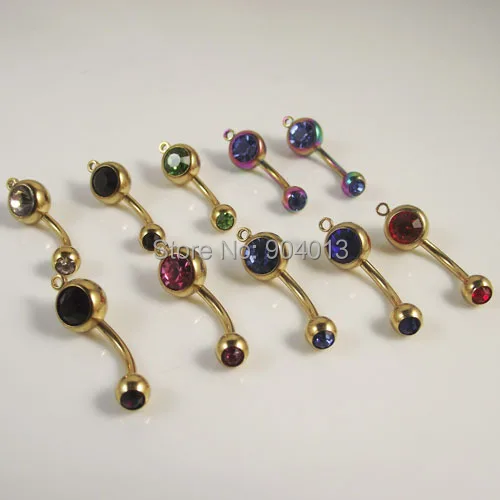 50pcs/lot gold double crystal belly ring add your own charm mixed color body jewelry navel piercing