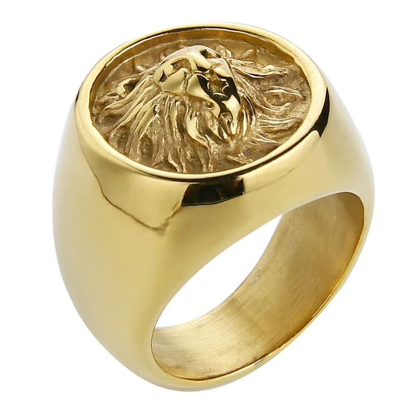 Valily Men Ring Punk Gold Lion Ring 316L Stainless steel Biker Round Animal Jewelry Party Power Design