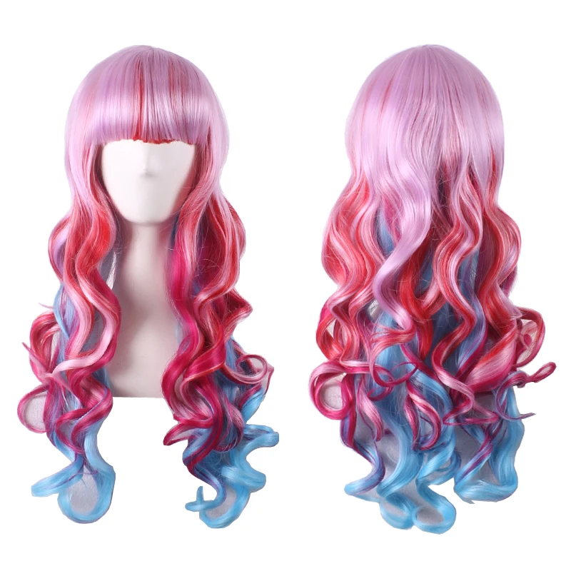 

Fashion Sexy Colorful Rainbow Pink Red Blue Ombre Wig Cosplay Costume Lolita Long Wavy Synthetic Hair Woman Wigs With bangs +