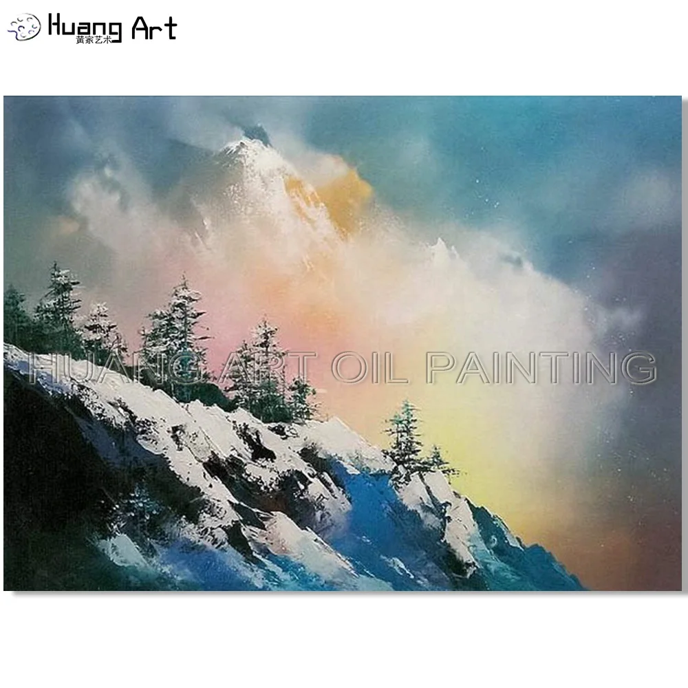 Hand-painted High Quality Modern Snow Mountain Scenery Oil Painting on Canvas Tree Landscape Painting for Living Room Decor