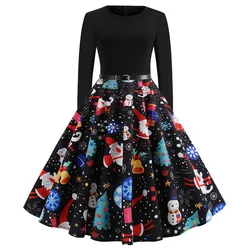 Vintage Kleid Frauen Langarm Print Weihnachten Kleid Winter Elegante Schaukel Party Kleider Robe Femme Casual Rockabilly Vestidos