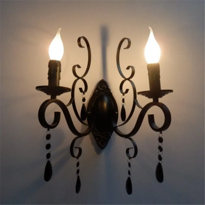 European classic vintage wall lamp black wrought iron body crystal deco candle wall light fixture for living room bedroom stairs