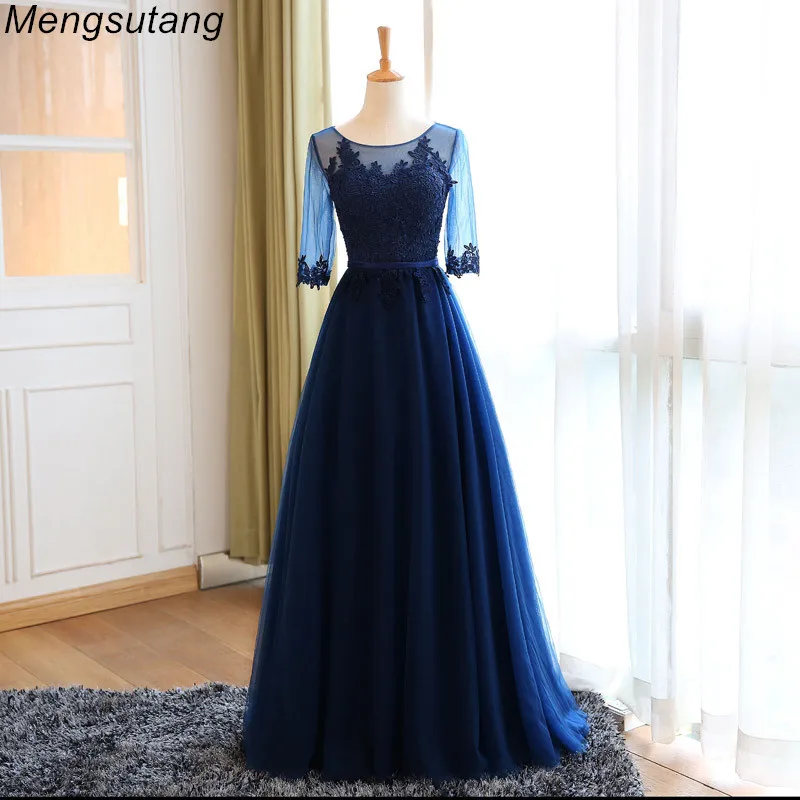 

Robe de soiree Navy Blue Scoop Neck Half Sleeve Lace Embroidery A-line Long evening Dress vestido de festa Party Prom Dresses